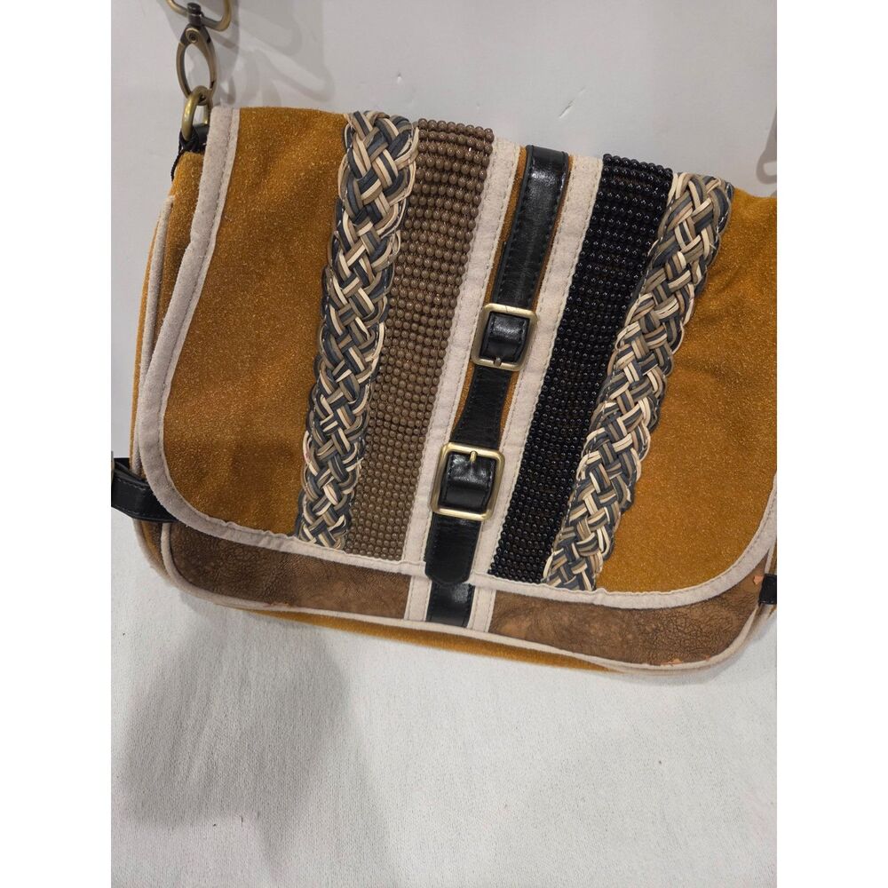 Just Millie Boho Suede patchwork Crossbody Bag Beaded Braided Messenger Bag